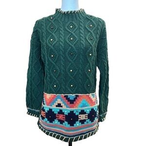 Vintage Harolds Cotton Sweater Green Sz Small Medium Hand Knit Beaded Southwest